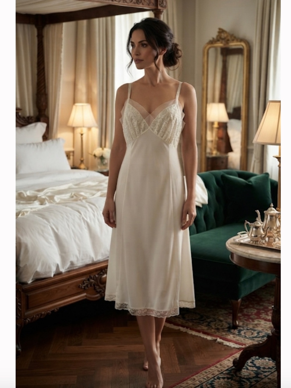 Vintage Van Raalte 1960’s Full White Slip Dress with Lace n Mesh Trim Made n USA